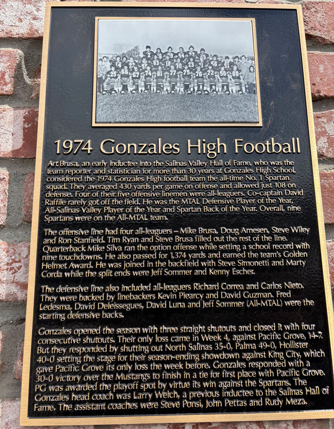 Salinas Valley Sports Hall of Fame 1974 Gonzales High football team plaque