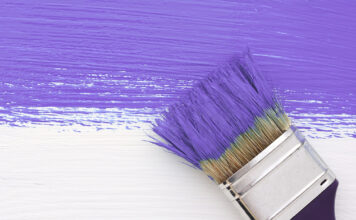 Stripe of purple paint with a paintbrush on white